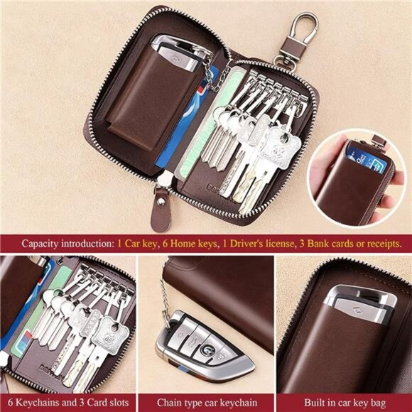 Leather car key case keychain wallet card holder organizer pouch with zipper for - Picture 5 of 7